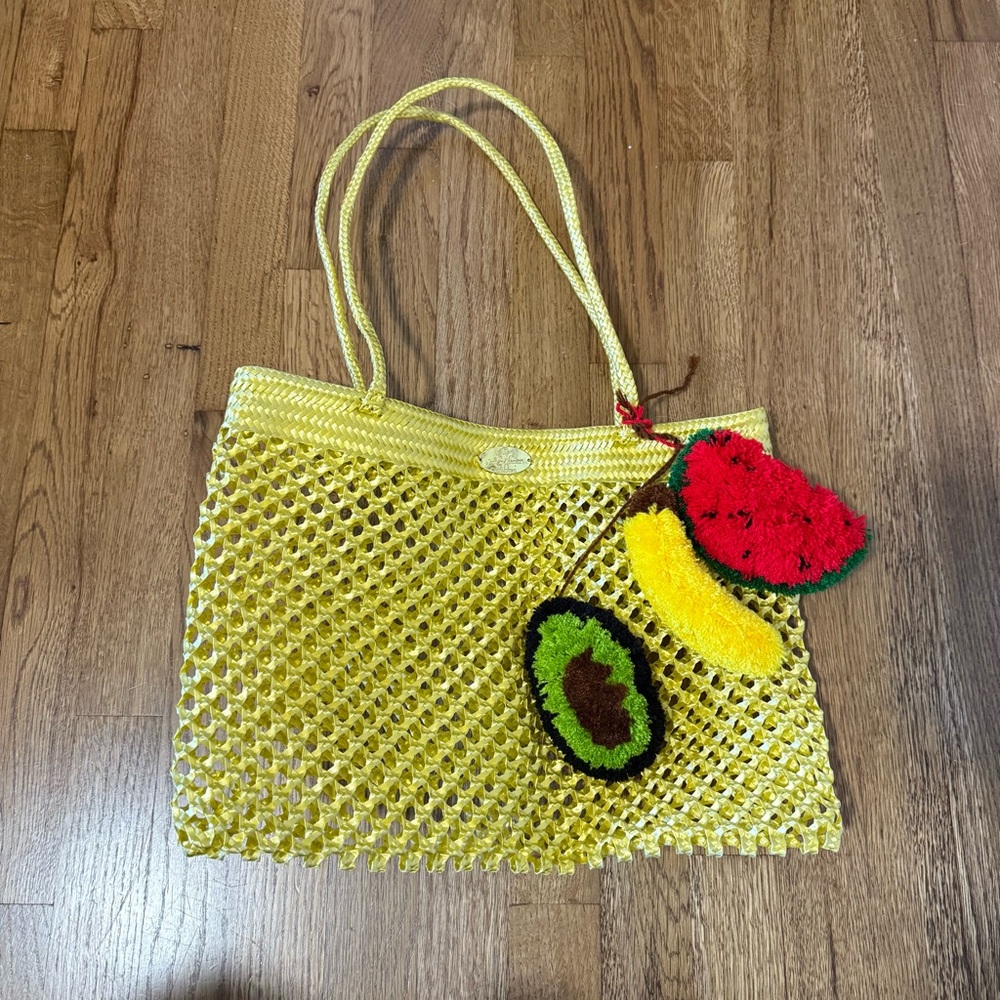 Yellow Mesh Tote with Fruit Accents